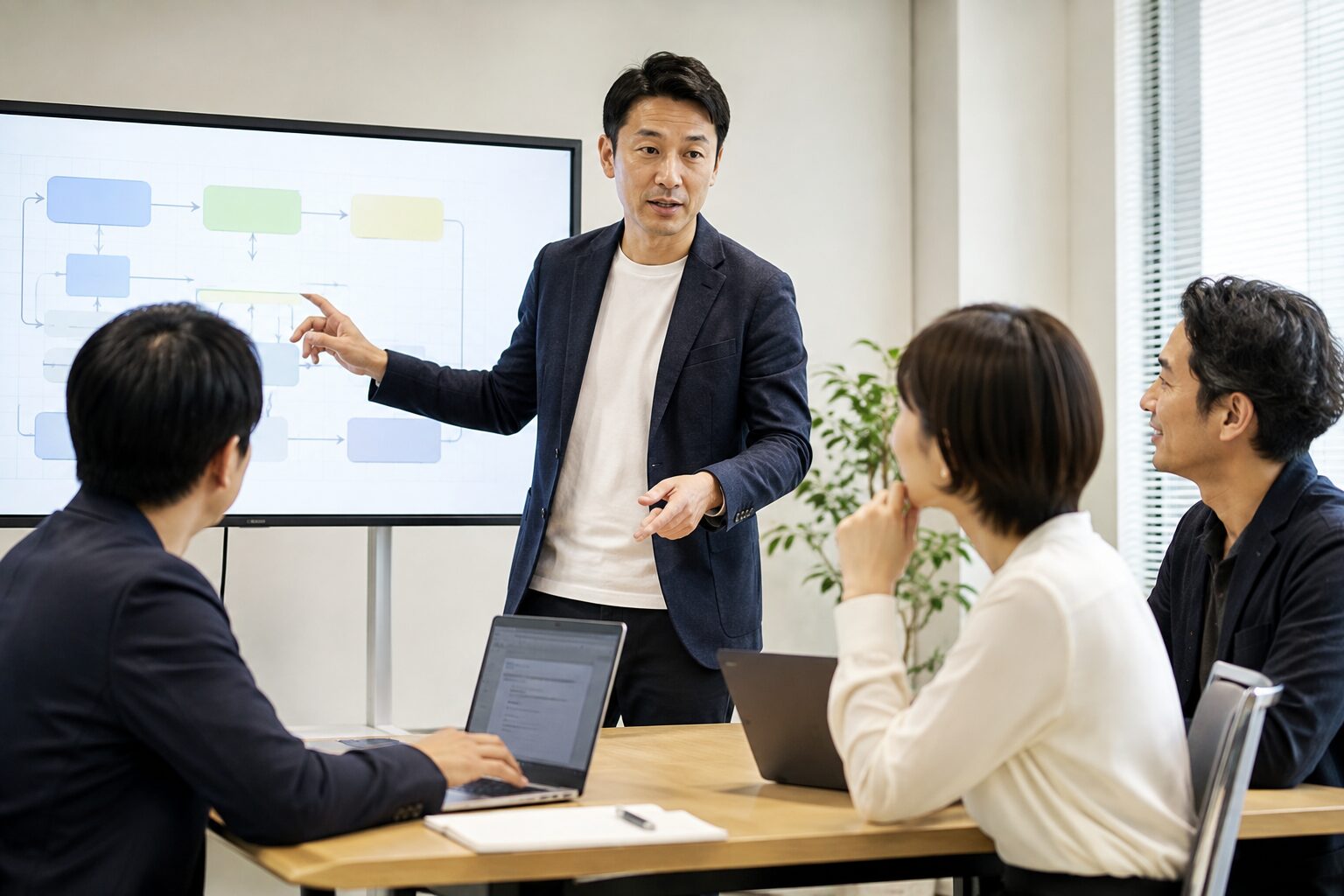 企業の社員が講師からAI活用・業務改善を学ぶ研修(AI生成イメージ)