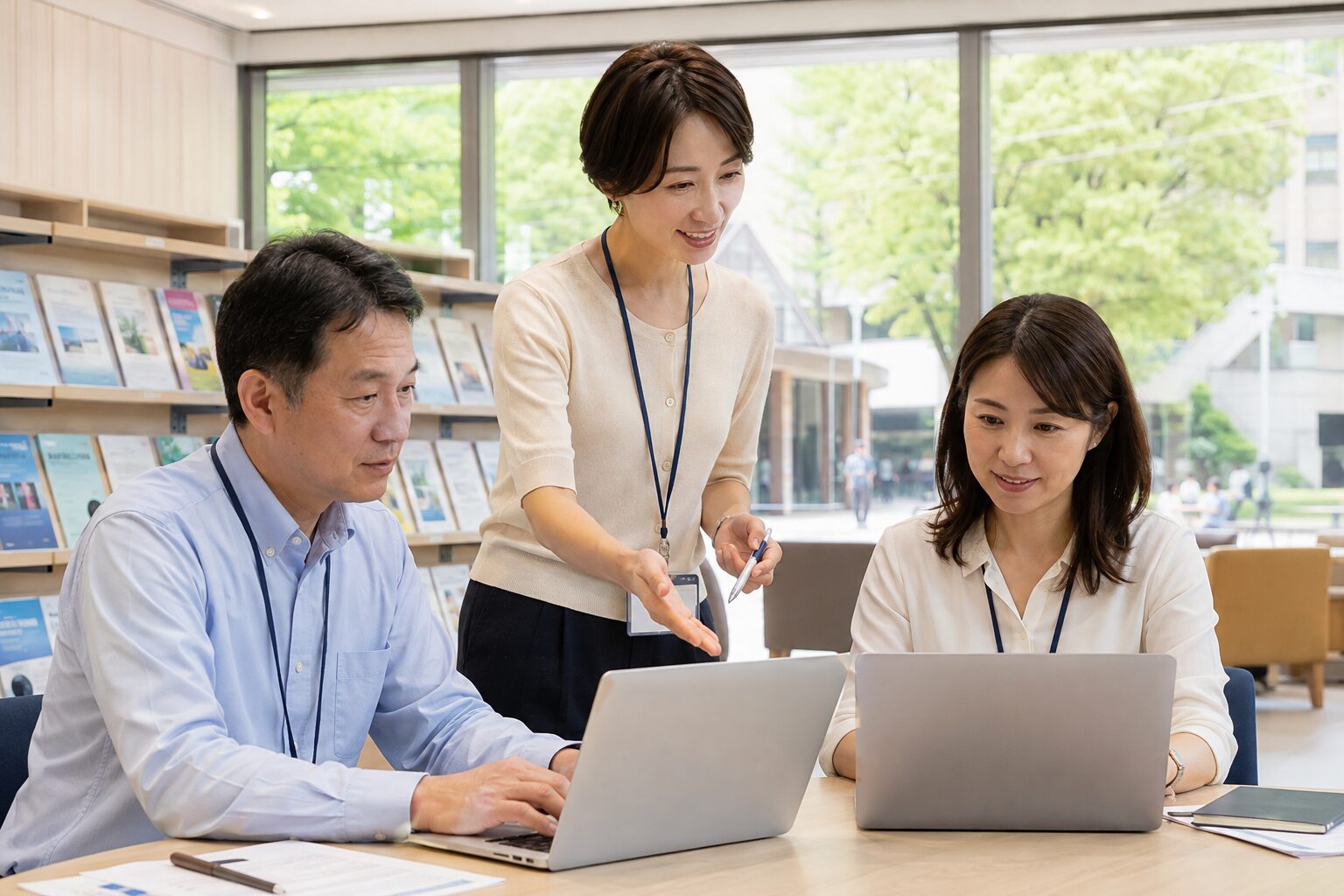 大学キャリアセンターの職員がPCで学ぶAI研修(AI生成イメージ)